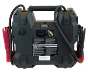 Rear view photo of CRAFTSMAN portable jump starter CMXCESM256, black and red housing, attached jumper cables and handle.
