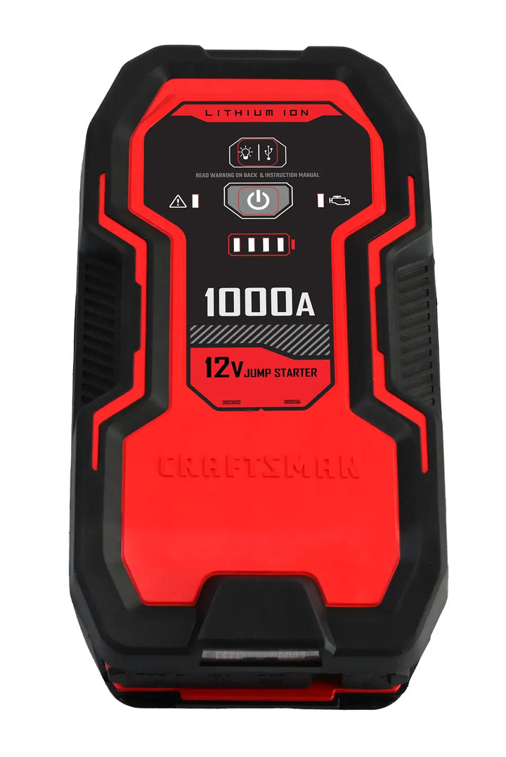 Photo of Craftsman CMXCESM263 12V jump starter, black and red, front view on white background.