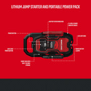 CRAFTSMAN lithium jump starter and portable power pack CMXCESM264, top view, with labeled features.