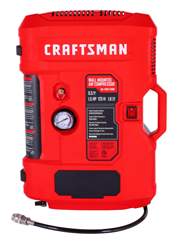 Front angle photo of Craftsman wall mounted air compressor CMXECXA0250541, red casing, pressure gauge visible.