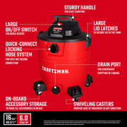 Image of a red CRAFTSMAN wet/dry vacuum with several features highlighted including a sturdy handle for easy carrying, large
