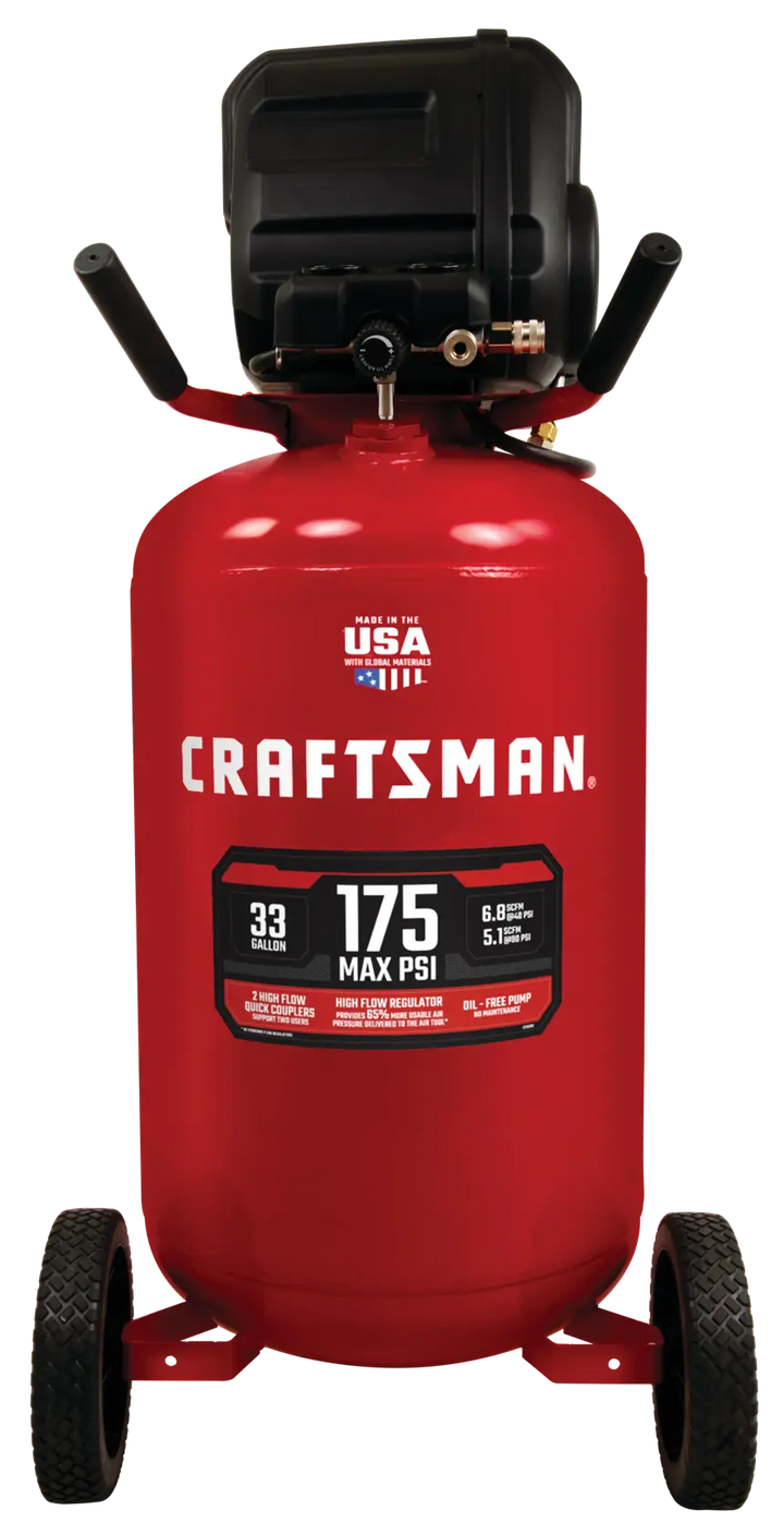 Front view photo of CRAFTSMAN CMXECXM331 red vertical air compressor with wheels, 33 gallon, 175 max PSI.