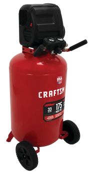 Photo of Craftsman CMXECXM331 red wheeled air compressor, 33-gallon, upright tank, front angle on white background.