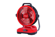 Photo of Craftsman portable red and black fan, front angle, model CMXEFXA511214, plastic body and handle.