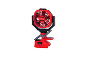 Front angle photo of Craftsman portable red fan CMXEFXA520402 with adjustable stand on white background.