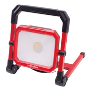 Craftsman LED work light CMXELAYMPL1027 on stand, front angle, red frame, portable design.