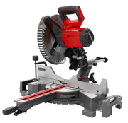 Craftsman sliding compound miter saw CMXEMAX69434505, red and gray, side angle on white background.