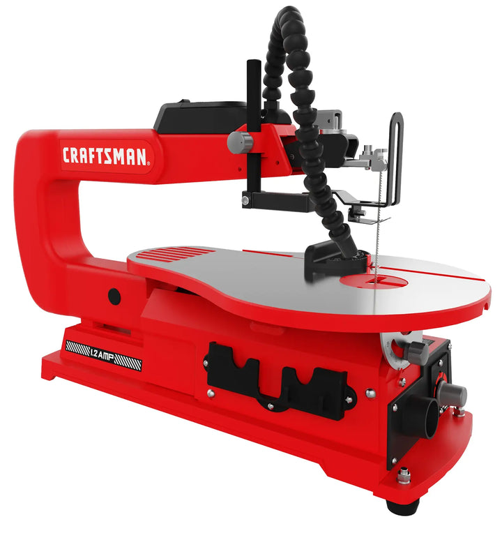 A red Craftsman scroll saw with a flat worktable, adjustable arm, flexible dust blower tube, and various controls for detailed wood cutting.