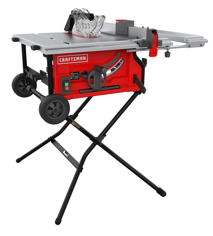 Photo of Craftsman CMXETAX69434506 red portable table saw with stand, wheels, and blade guard, angled view.