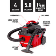 Photo of Craftsman CMXEVBE17040 wet/dry vacuum, 4-gallon red/black, front angle, hose and handle visible.