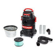 CRAFTSMAN 5-gallon wet/dry vacuum with hose, wand, tools and brush, labeled features and specifications shown.