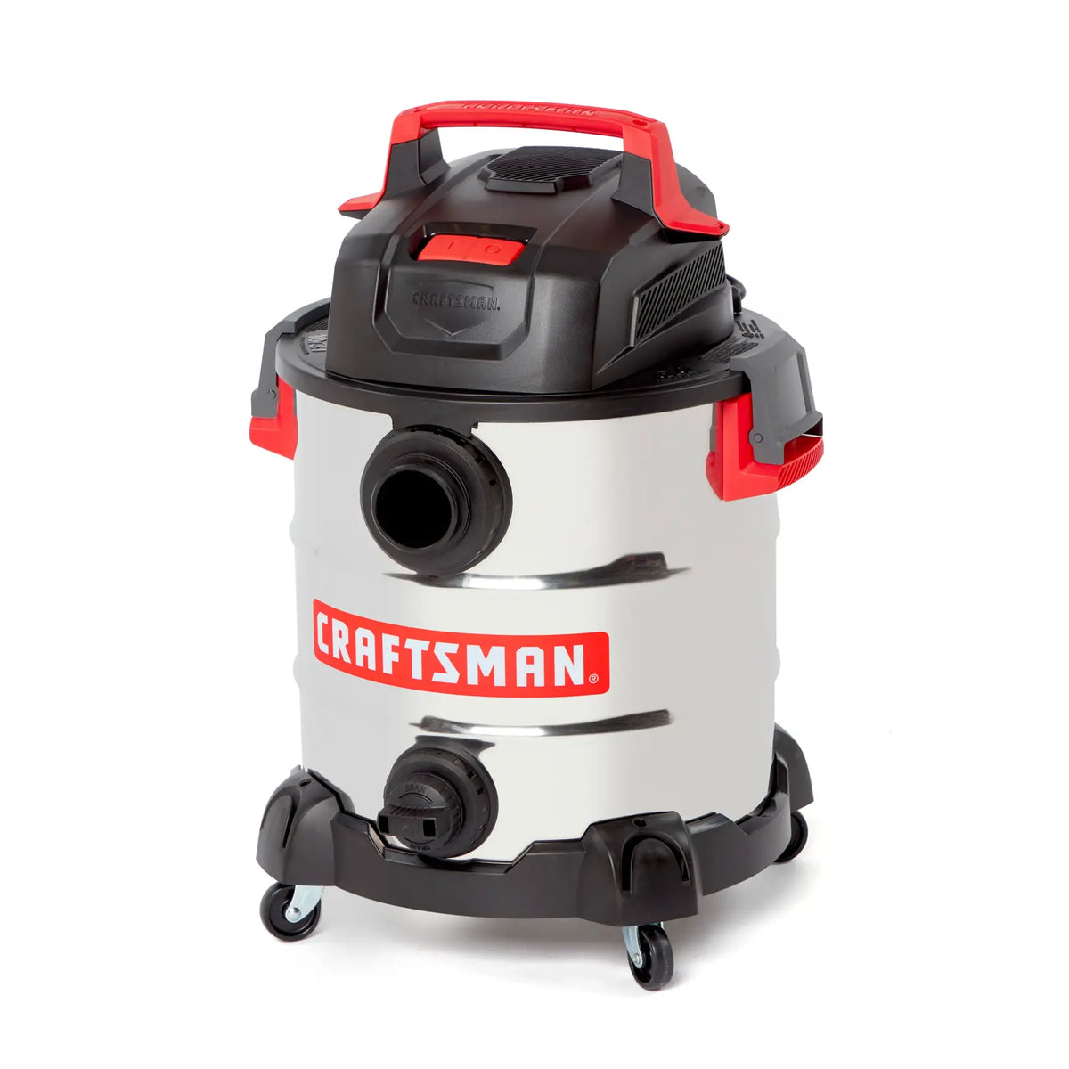 A stainless steel wet/dry vacuum cleaner with black and red accents, labeled 'CRAFTSMAN' on the front. The vacuum features a large canister, wheels for mobility, and multiple hose connections.