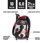 Front view photo of Craftsman wet/dry vacuum CMXEVBE17155 with labeled features, 10-gallon, 6.0 peak HP, silver and black.