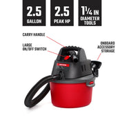 Graphic of CRAFTSMAN Vacuums: Wet/Dry Shop Vac highlighting product features