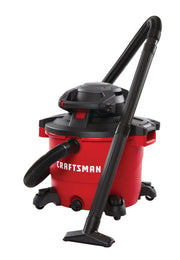 Craftsman wet/dry vacuum model CMXEVBE17607 red and black canister, white background beauty shot, front angle.