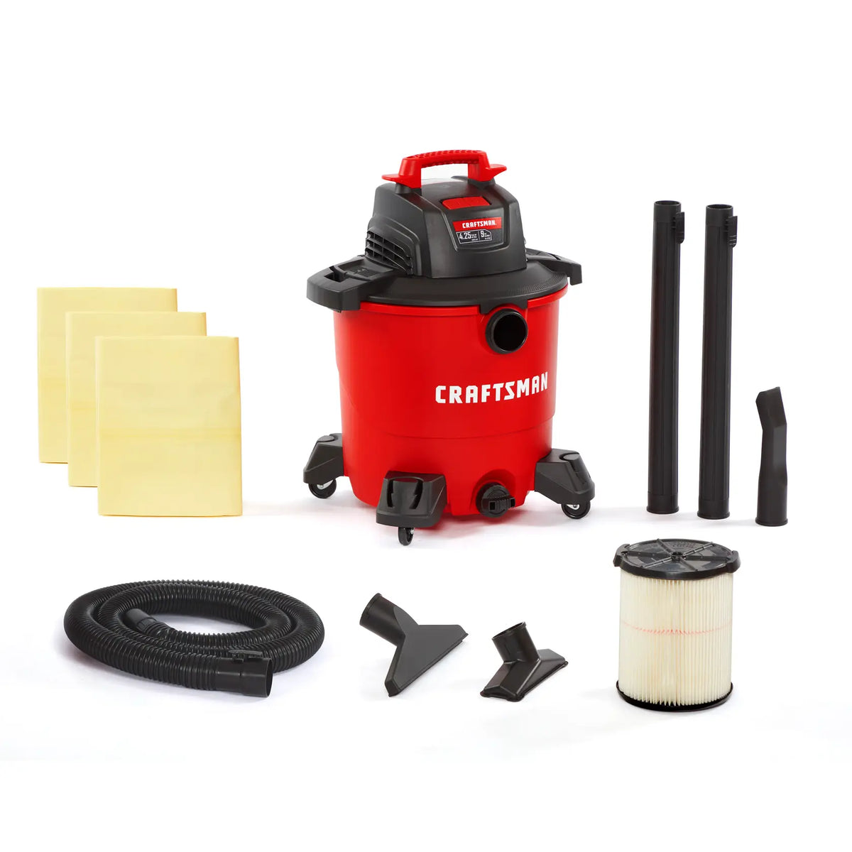 A red and black Craftsman wet/dry shop vacuum cleaner with multiple accessories, including three vacuum bags, two extension wands, a hose, a filter, and three different nozzle attachments, arranged on a white background.