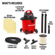 Craftsman CMXEVBE18590 9-gallon wet/dry vacuum with extensions, hose, nozzles, filter, and dust bags, front angle.