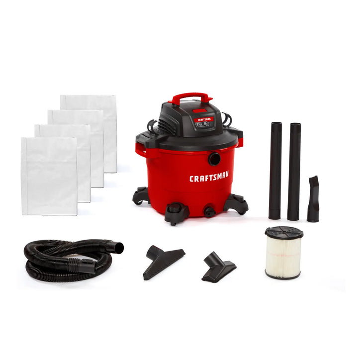 Photo of Craftsman wet/dry vacuum CMXEVBE18595 with hose, filter, accessories, and four dust bags, front angle.