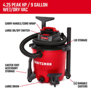 Photo of Craftsman wet/dry vacuum CMXEVBE18690, 9 gallon, 4.25 peak HP, red canister, front angle on white background.