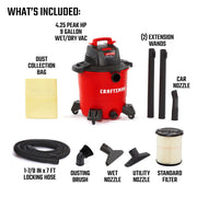 Photo of Craftsman wet/dry vac CMXEVBE18690 set with accessories, including hoses, wands, nozzles, filter, and bag.