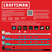 Photo of CRAFTSMAN vacuum filter selection guide, showing four filter models CMXZVBE3754, CMXZVBE39751, CMXZVBE3753, CMXZVBE38773 with use icons and features on a red graphic.