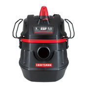 Front view of Craftsman wet/dry vacuum, model CMXEVCVVFB511, black and red, 5 gallon, 5.5 peak HP, on white background.