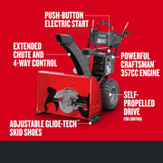 Front angle photo of CRAFTSMAN snow blower CMXGBAM1054546 featuring adjustable Glide-Tech skid shoes, push-button electric start, extended chute with 4-way control, self-propelled drive, and 357cc engine.