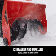 Craftsman snow blower close-up with 12-inch auger and impeller visible, SKU CMXGBAM213101, snow removal action.
