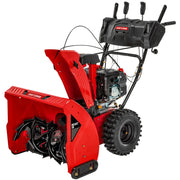 Craftsman CMXGBAM213102 red snow blower with black controls and heavy-duty tires, three-quarter angle on white background.