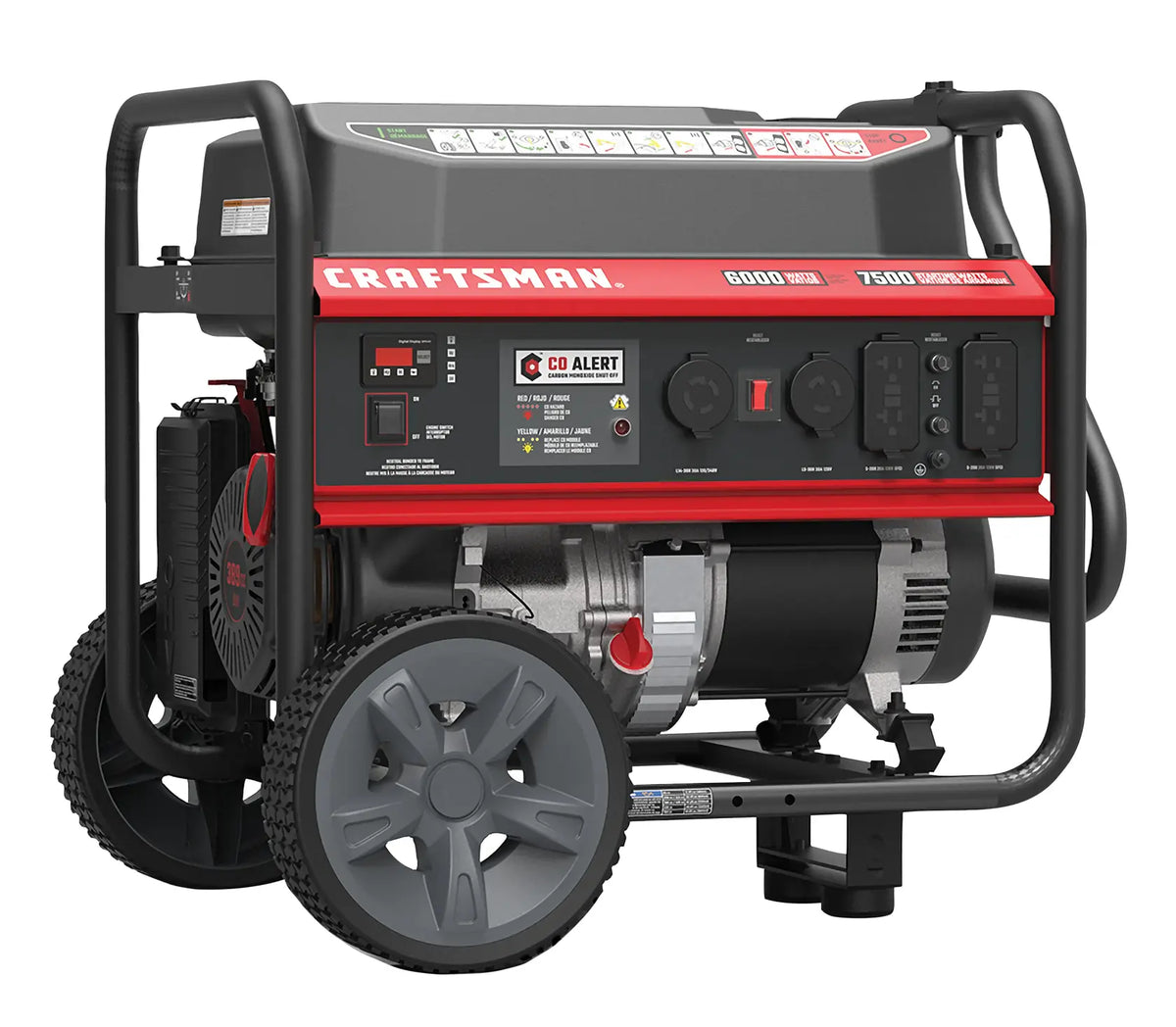 A portable Craftsman generator with a red and black frame, large wheels, control panel with outlets and switches, and labeled CO alert safety feature.
