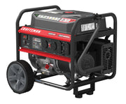 A portable Craftsman electric generator, featuring a black and red frame, control panel with multiple outlets and settings, large wheels for mobility, and CO alert label on the front.