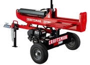 Photo of Craftsman CMXGLXT2700 log splitter, red and black, side angle, with wheels and tow hitch on white background.