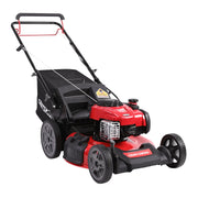 A red and black Craftsman gasoline-powered lawn mower with large rear wheels and a grass collection bag, shown on a white background.