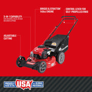 A CRAFTSMAN self-propelled lawn mower with a Briggs & Stratton 140cc engine is displayed on a red background. Features include adjustable cutting height, 3-in-1 capability with side discharge, mulch, and rear bag for grass clippings, as well as a control lever for self-propelled rear-wheel drive. It is labeled as proudly made in the USA with global materials.