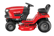 Craftsman red riding lawn mower CMXGRAM1130036 side view, black seat, large wheels, white background.