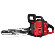 Photo of Craftsman 16-inch chainsaw CMXGSAMY42N6, red and black, angled on white background.
