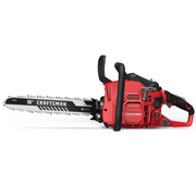 Photo of Craftsman chainsaw CMXGSAMY42N6, 16-inch blade, red and black, side angle, white background.