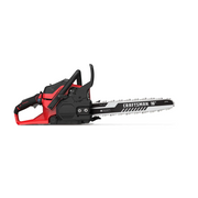 Photo of Craftsman 16-inch chainsaw, SKU CMXGSAMY42N6, side angle, red and black body on white background.