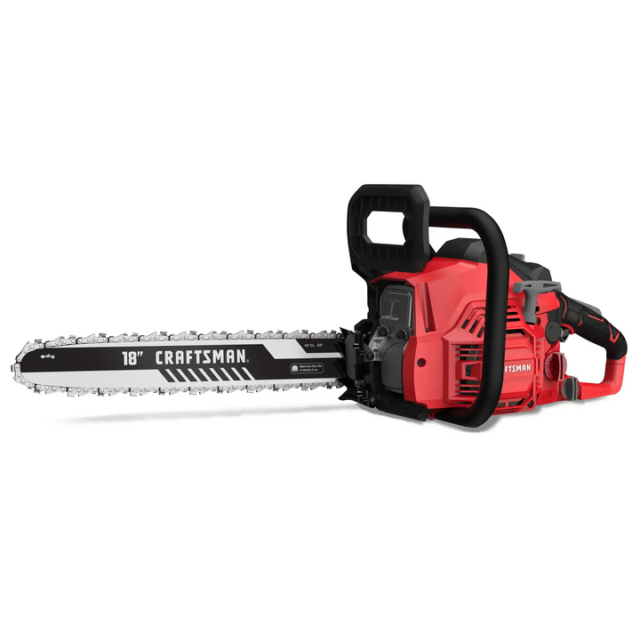 Photo of Craftsman 18-inch gas chainsaw, SKU CMXGSAMY42N8, red and black, side angle on white background.