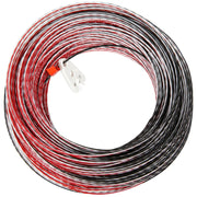 A coil of multi-colored photographic wire, primarily red, black, and white, with a plastic attachment piece visible.