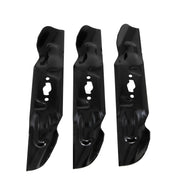 Photo of three black CRAFTSMAN lawn mower blades, SKU CMXGZAM110193, top view on white background.