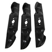Photo of three Craftsman mower blades, black finish, model CMXGZAM110194, top view on white background.