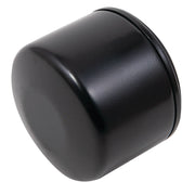 Black cylindrical oil filter with metal base, white background beauty shot, angled view