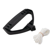 A black plastic handle with an attached hole, shown next to a coiled white rope secured with a rubber band, photographed on a white background.