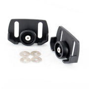 Two black camera accessory mounts with round washers, flat lay, white background beauty shot, top view