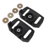 Black camera strap adapter set with two mounts and four metal washers, white background beauty shot, top view.