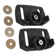 Black+Decker mower wheel kit with two black plastic wheels and four metal washers, white background beauty shot, top view.