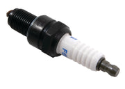 Engine spark plug with white ceramic insulator and black metal threads white background beauty shot angled view