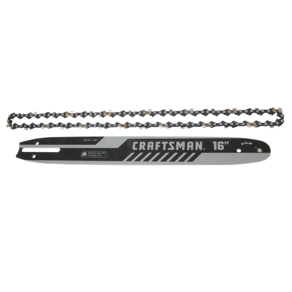 Photo of Craftsman chainsaw bar and chain, model CMXGZAM700126, 16-inch, black and gray, top-down angle.