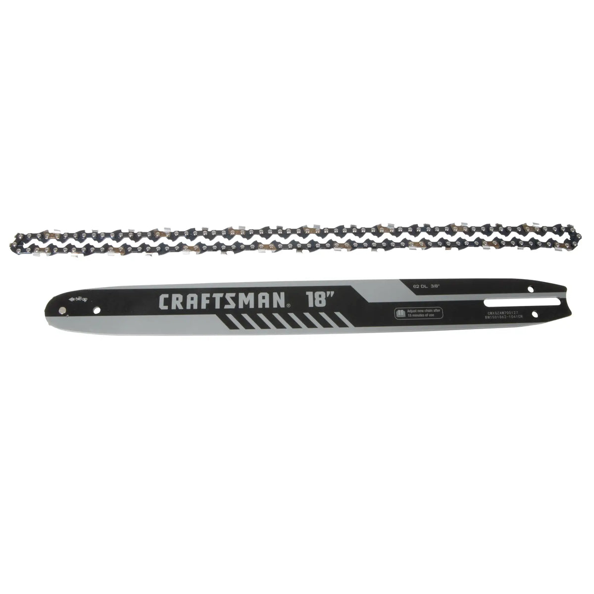 Photo of Craftsman 18-inch chainsaw bar and chain, model CMXGZAM700127, on white background.